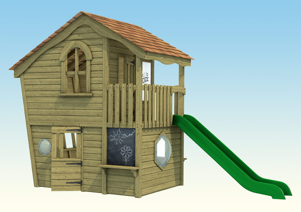 A wooden playhouse with plastic slide
