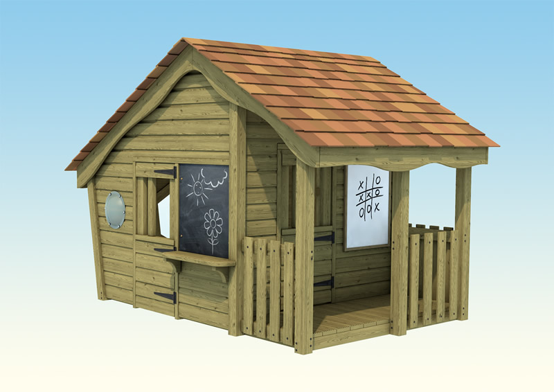 A wooden play house for children with pitched wooden roof