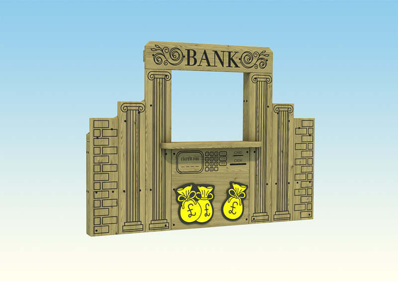 A wooden play bank for children