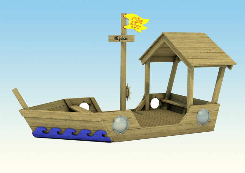 A wooden play boat for childrens outdoor play areas