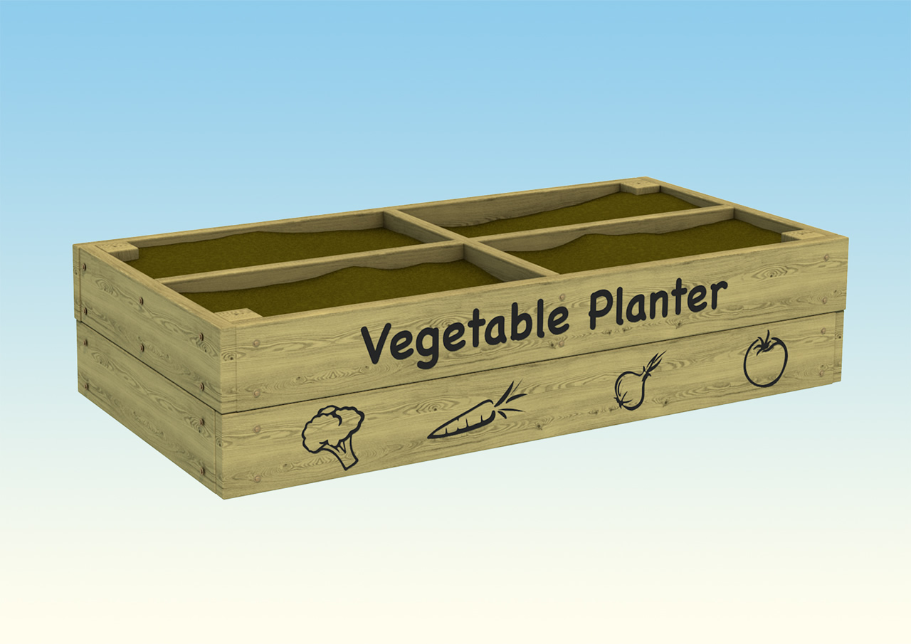 A wooden vegetable planter with four boxes