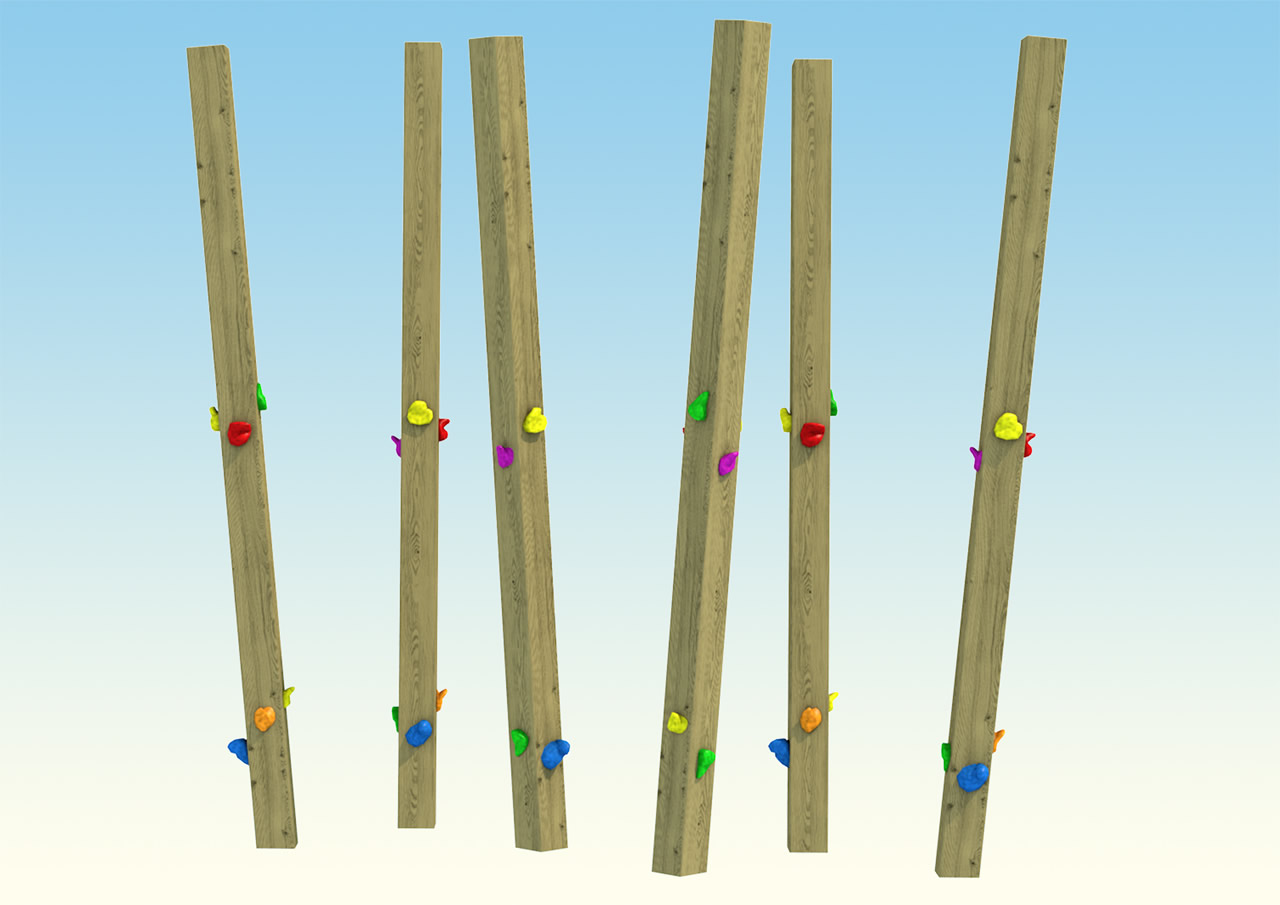 Six wooden climbing tree poles