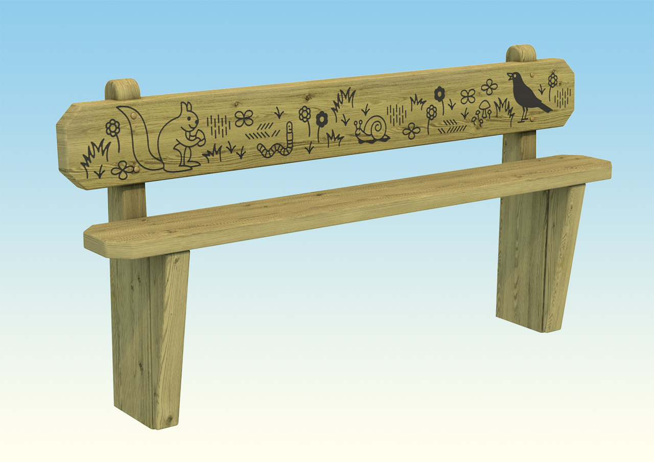 A large wooden bench with back rest and wildlife engravings
