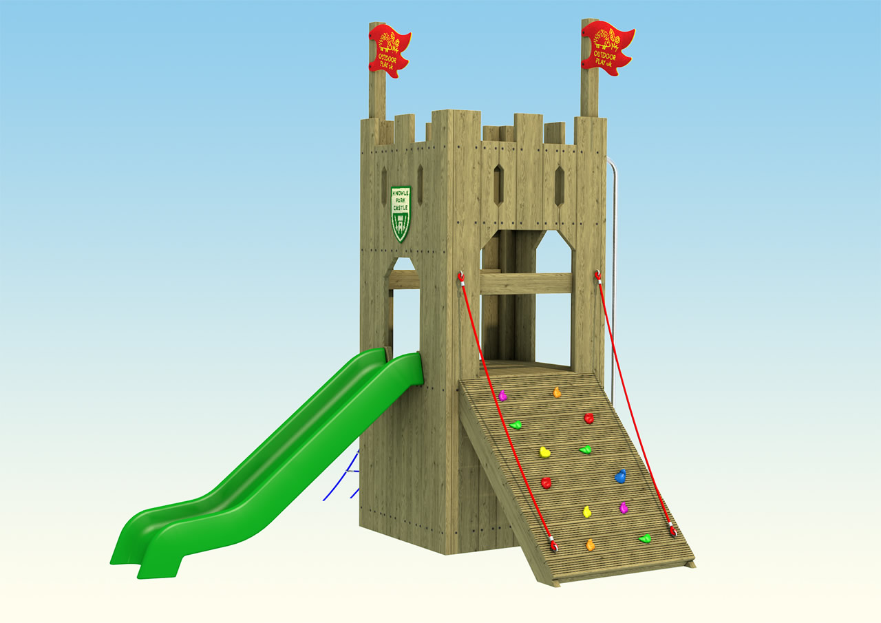 The Knowle Castle play tower with two red penant flags