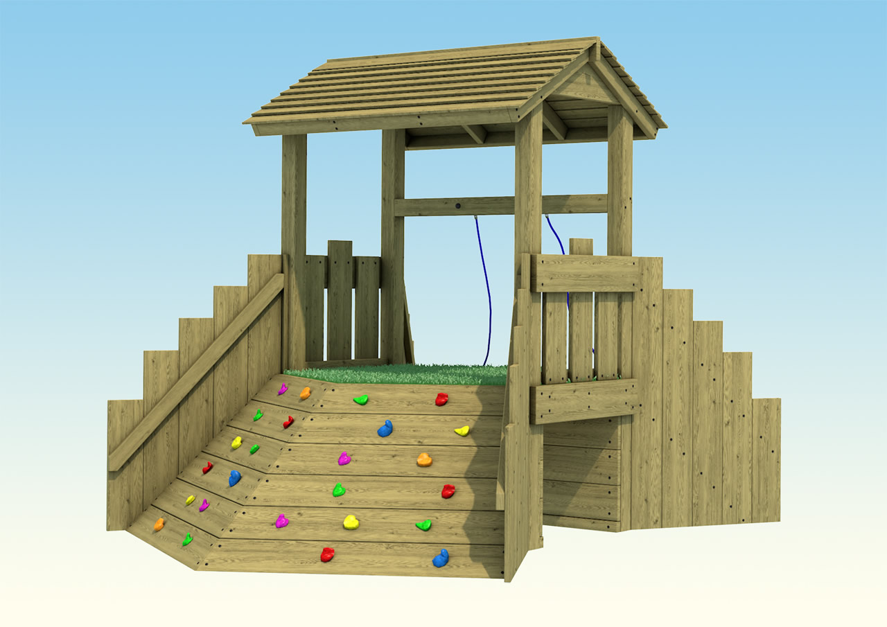 A wooden wishing well for childrens play side view