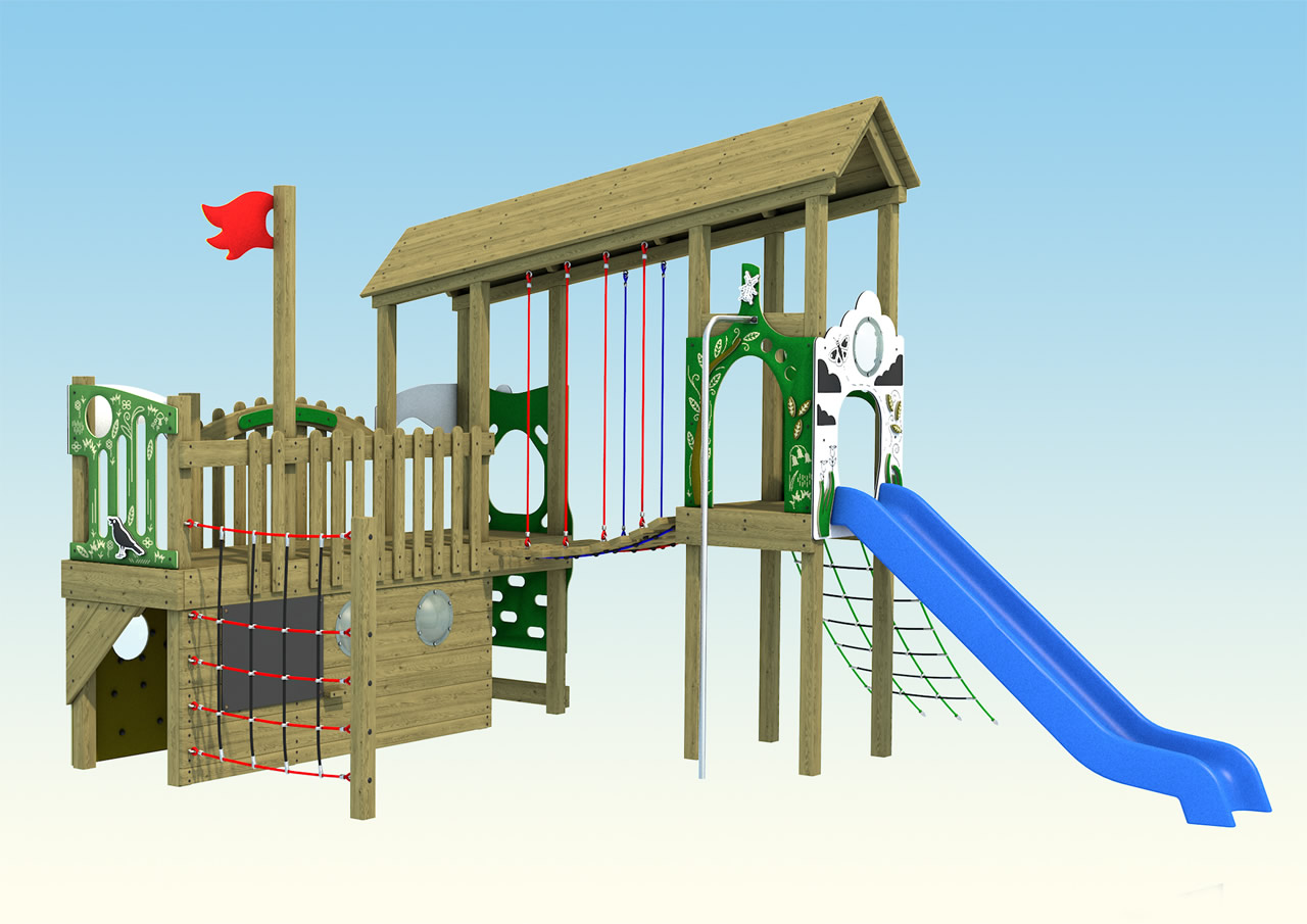 A wooden play tower with bridge and blue slide