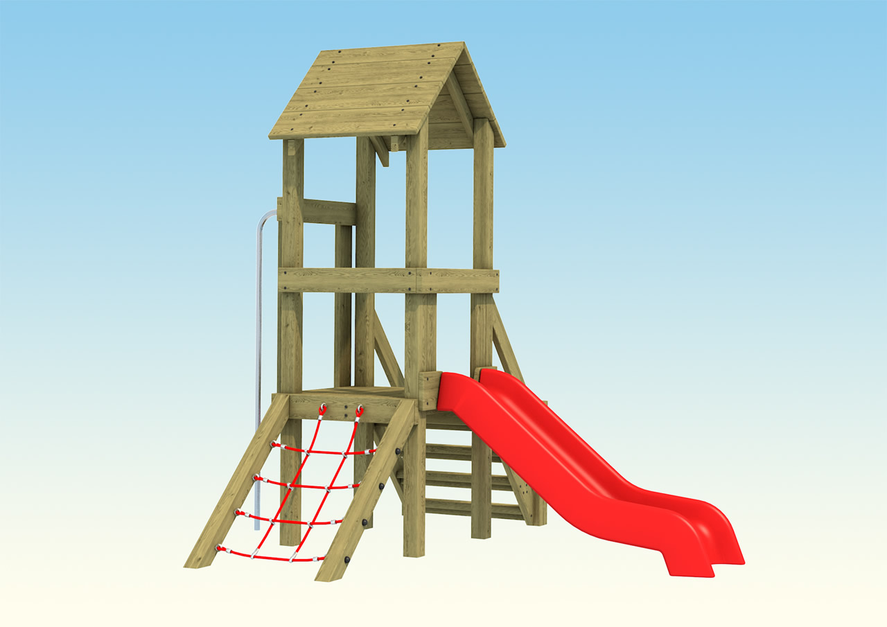 A signel timber play tower with red slide