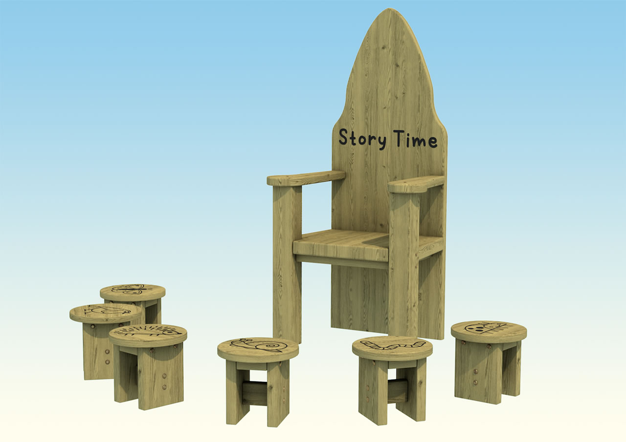 A large wooden chair and six small wooden stools