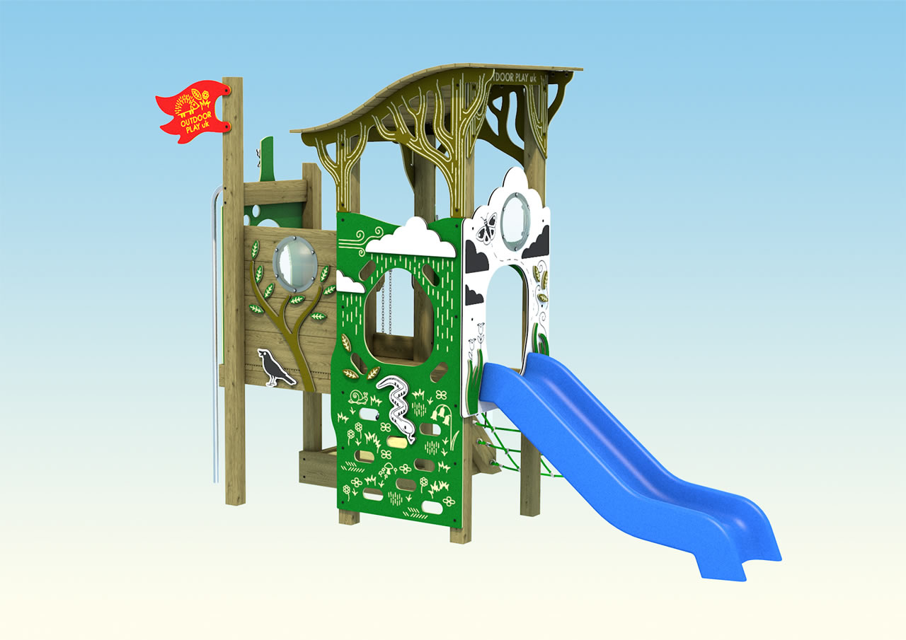 A wooden play tower with sandpit at the base