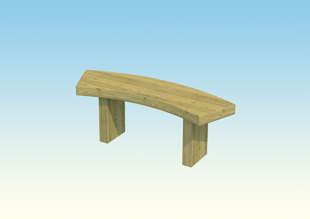 A curved wooden bench seat