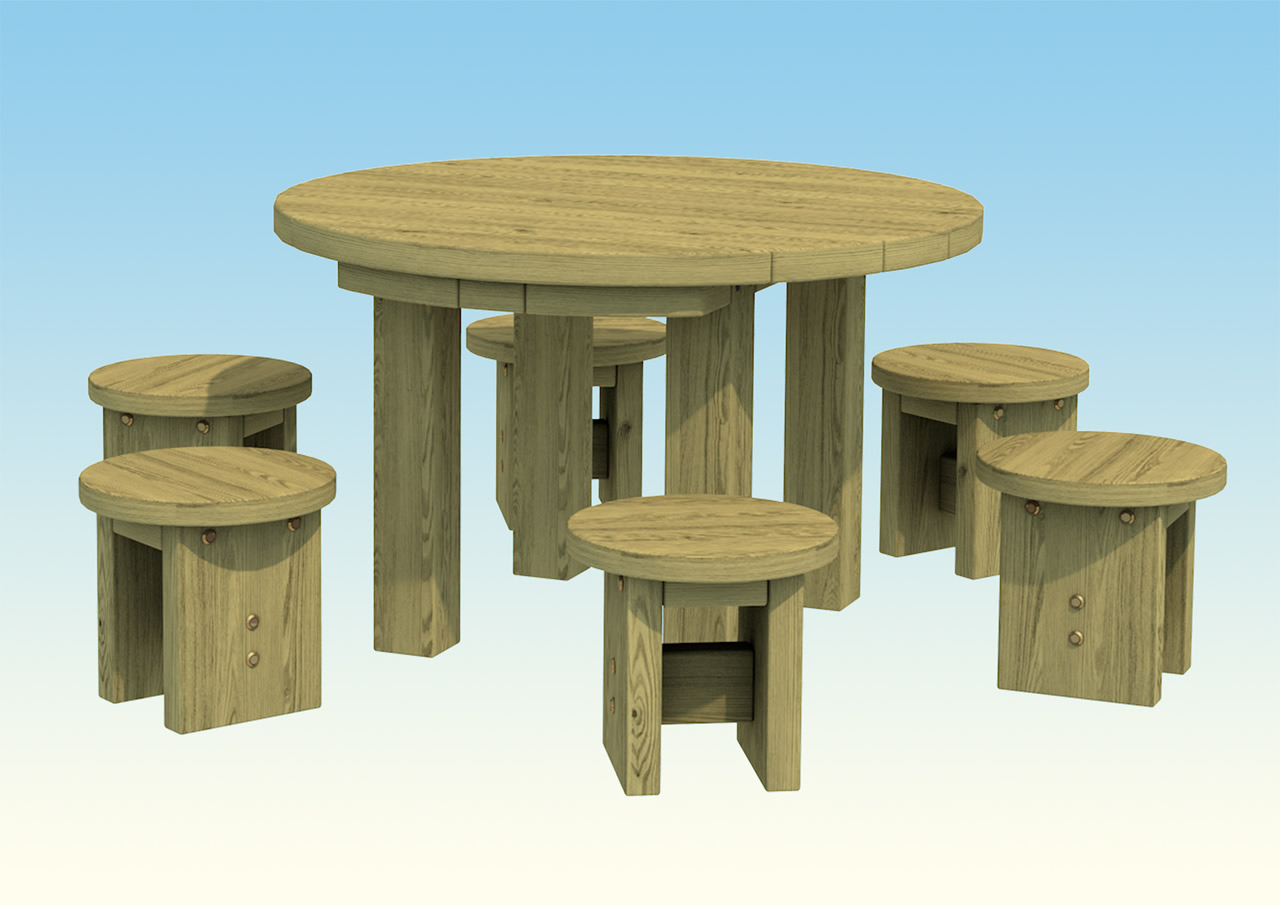 Play area round table with six short wooden stools