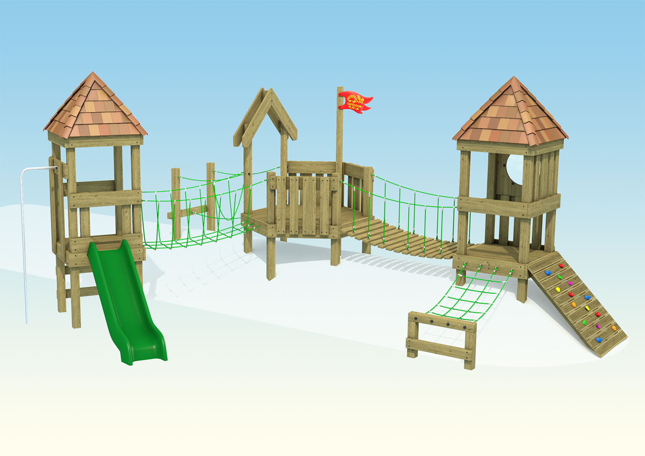 Twin play towers with connecting rope bridge and red flag