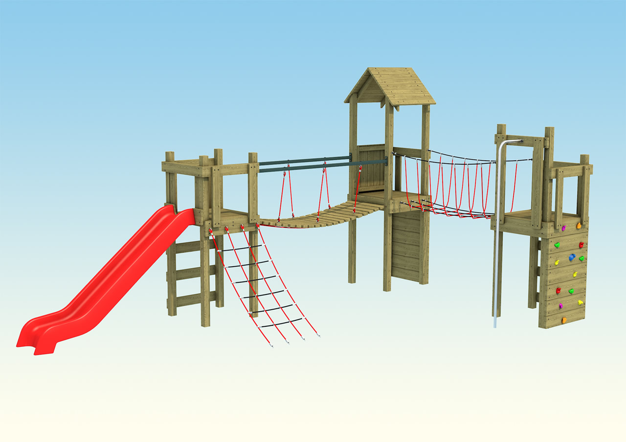 A wood play tower complete with slide and netting side