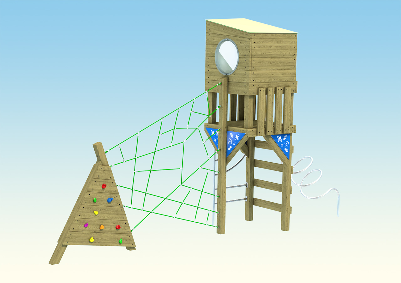 Holymead play tower with connecting climbing net and ladder