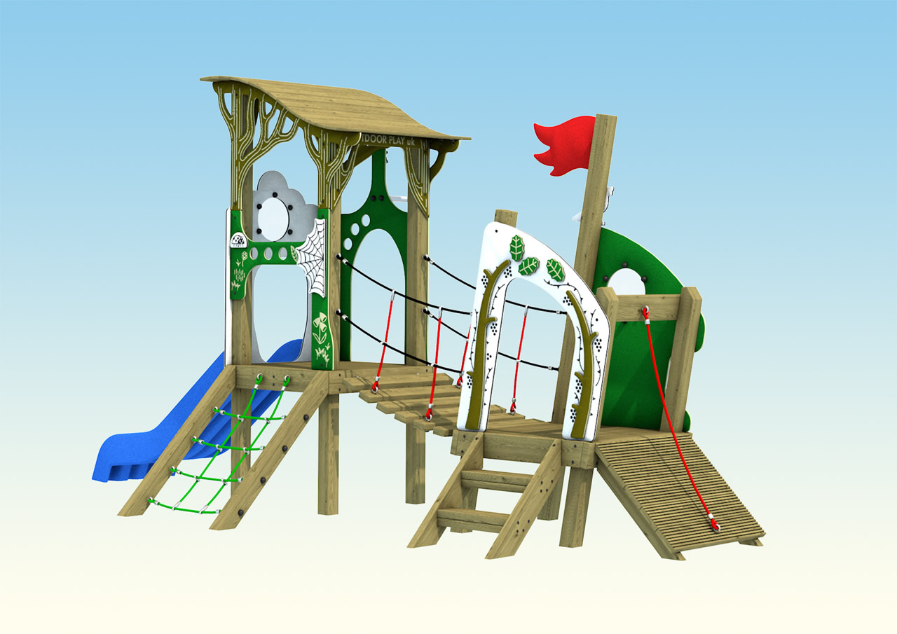 A wooden play tower with short slide