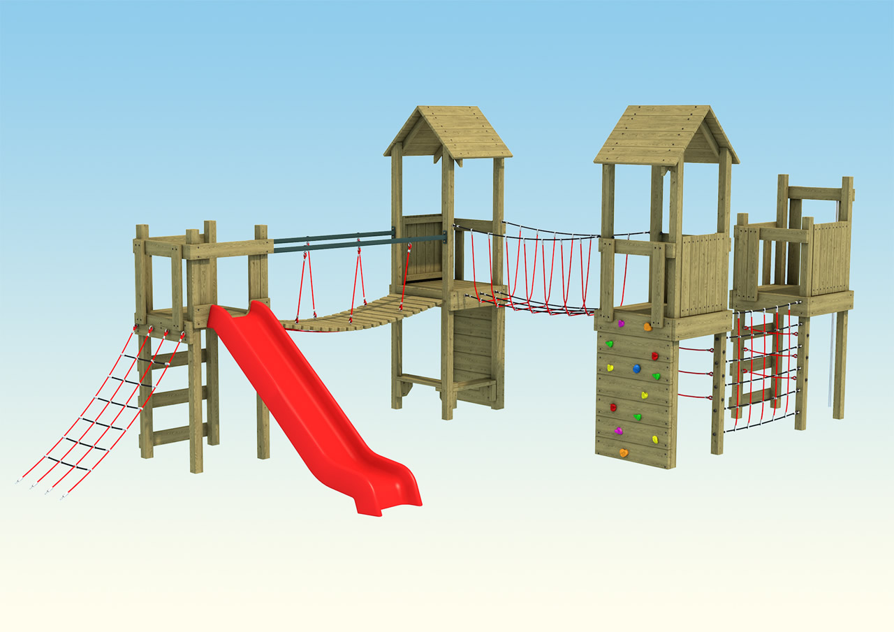 Two wooden play towers connected by a bridge