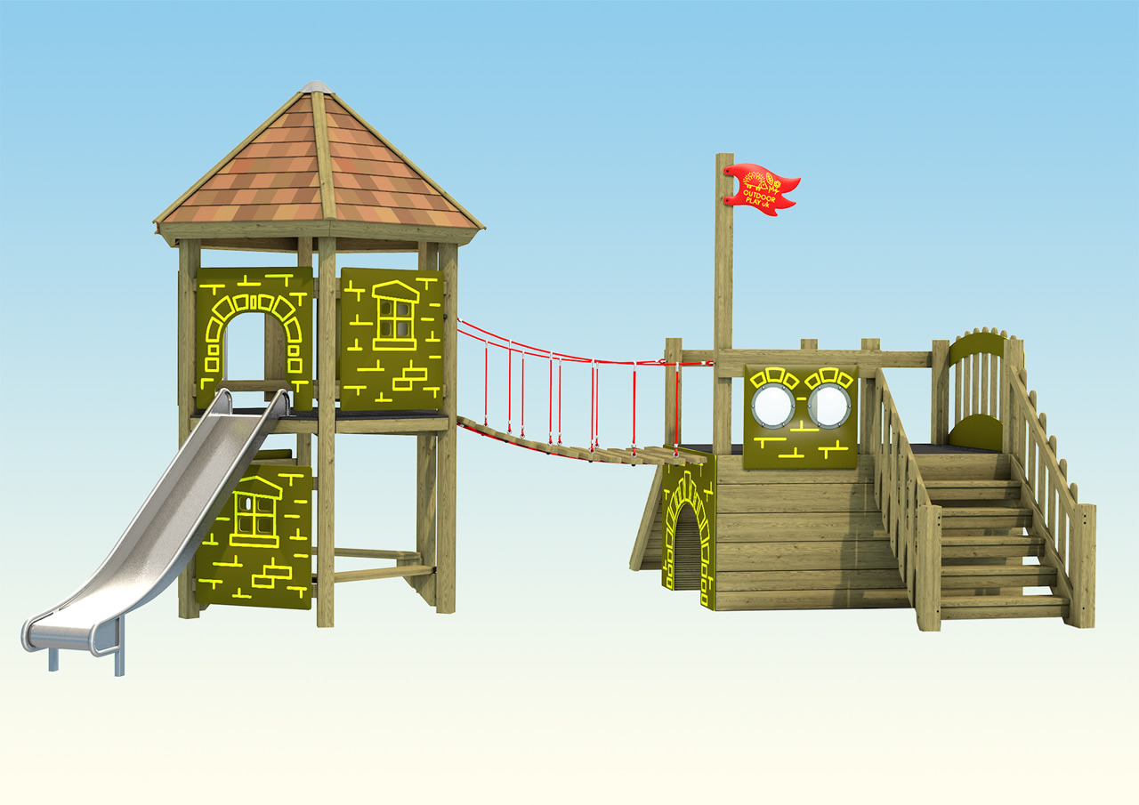 A wooden play tower with connecting bridge and red flag