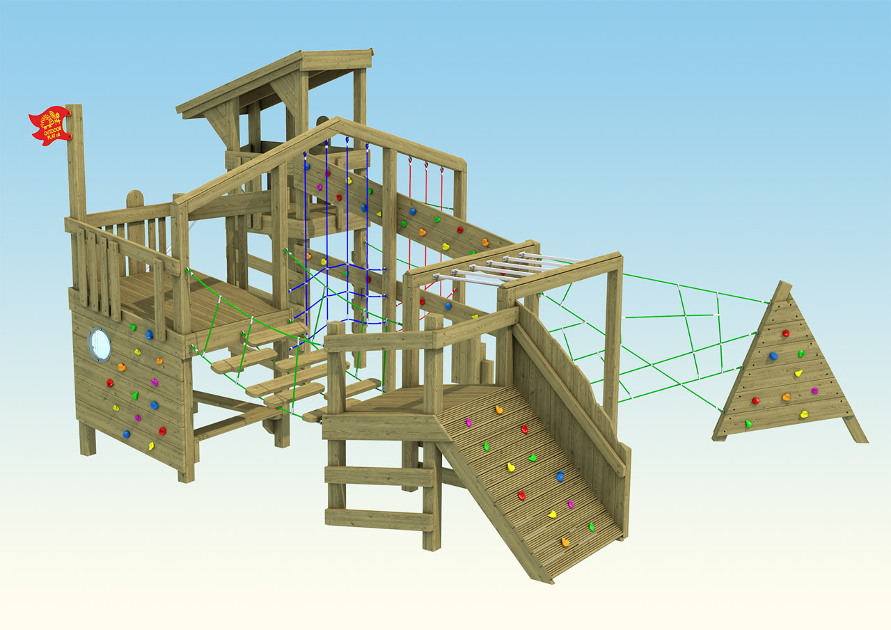 A freestanding toddler tower with wooden ramp exit