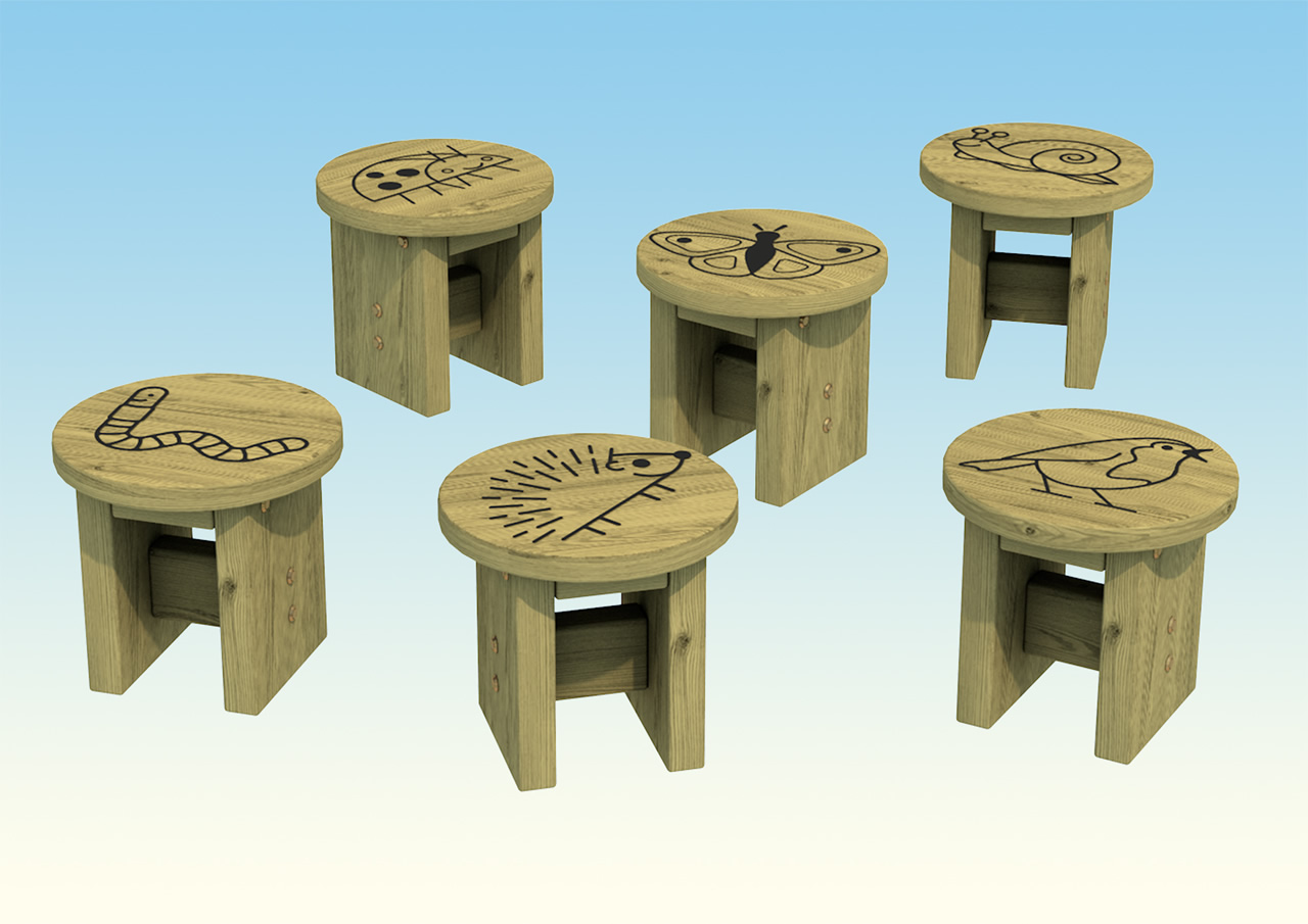 Six wooden circle seats with animal engravings