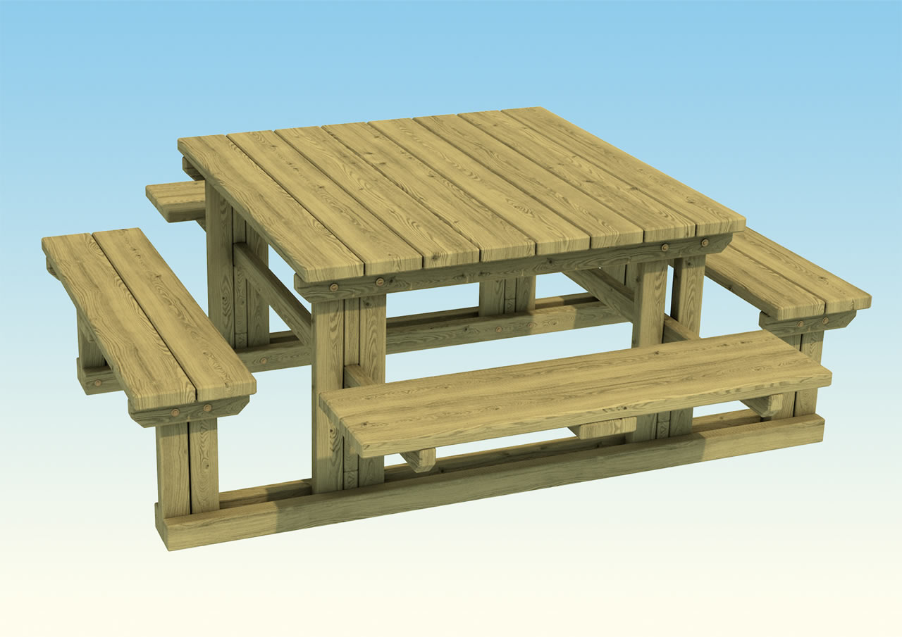 A large wooden picnic table with seating on all four sides