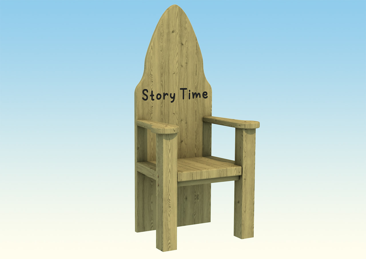 A large wooden chair used for story telling