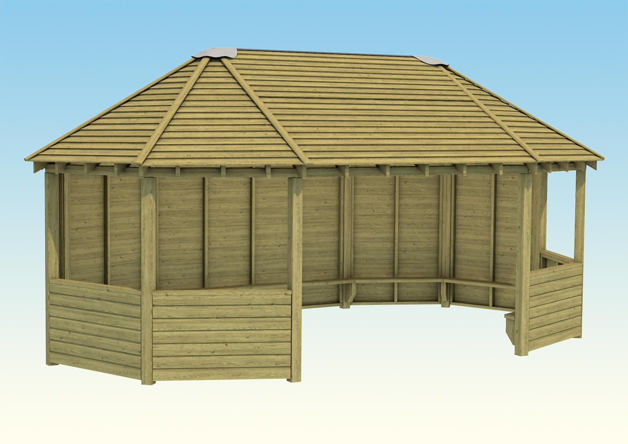 A large gazebo shelter made from wood with bench seating and featheredge roof