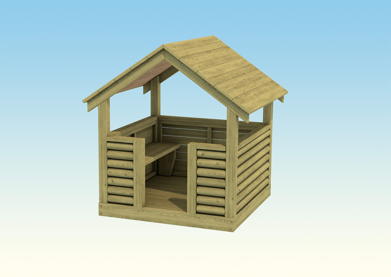 A small wooden play house with pitched roof