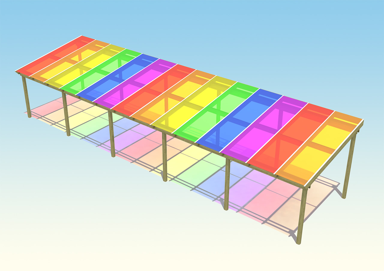 A lean-to shelter with a rainbow coloured clear roof