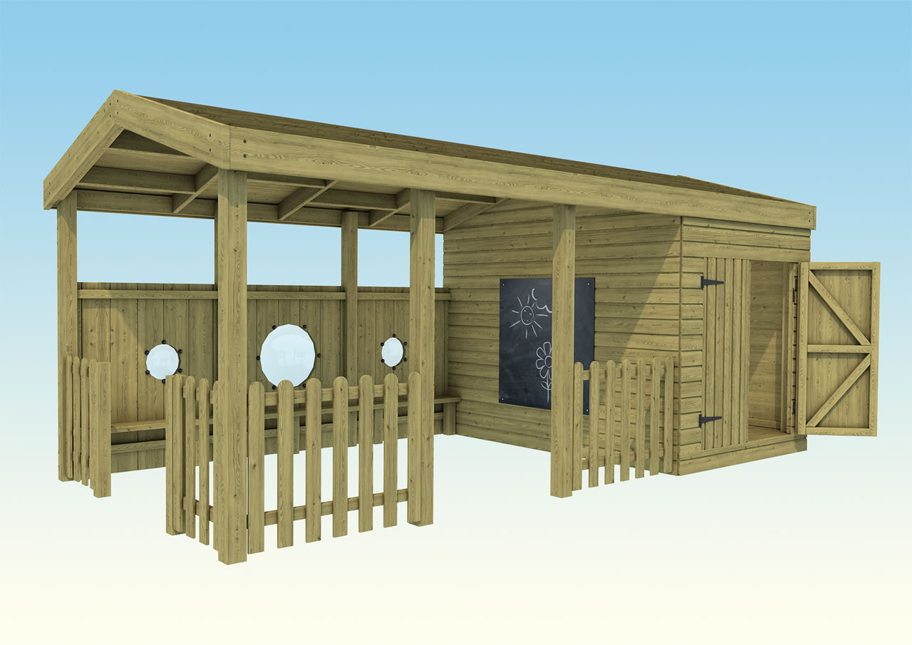A wooden built classroom with outside blackboard