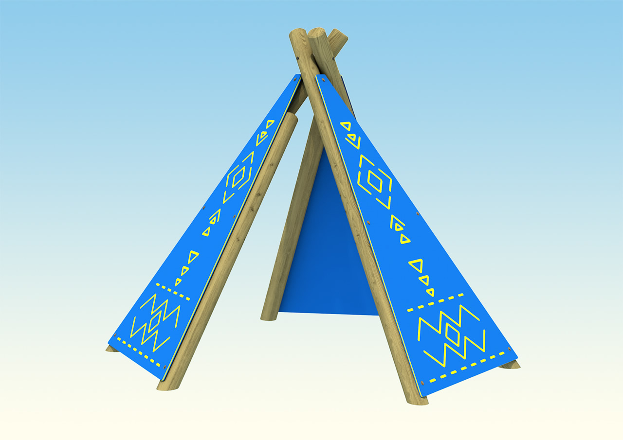 A wooden wigwam in blue viewed from the back