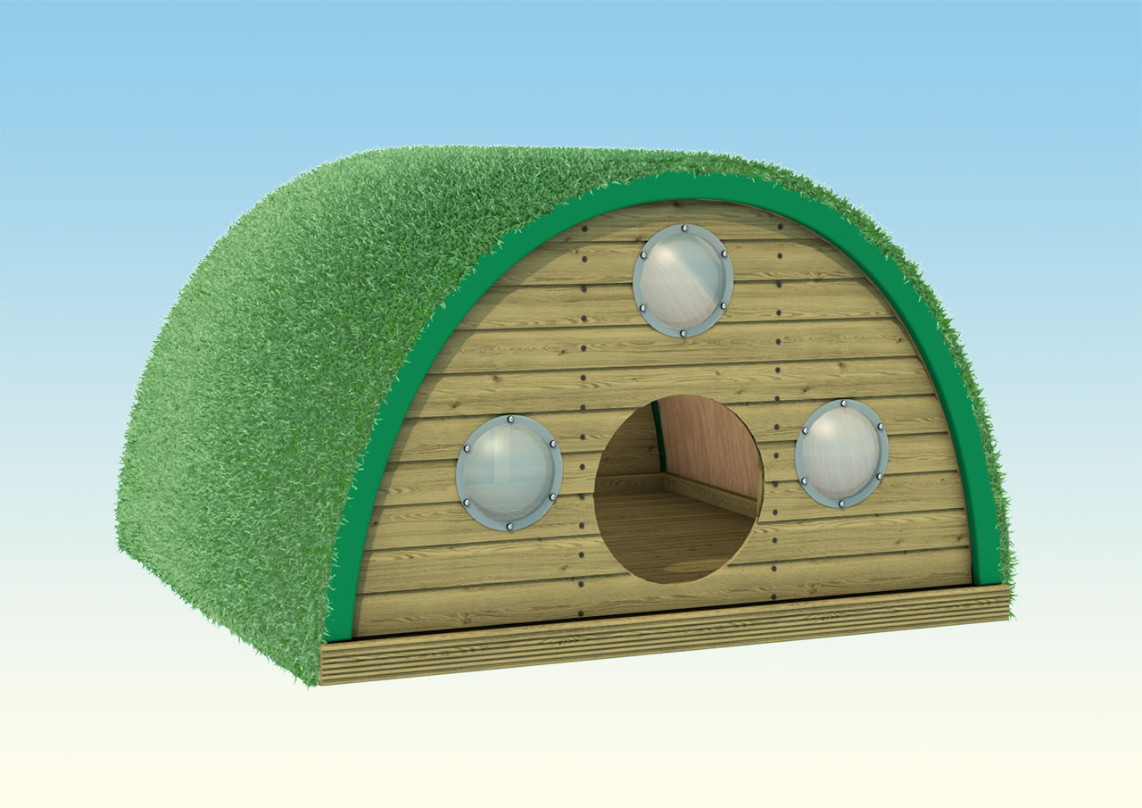 An arch shaped wooden shelter with grass roof for children