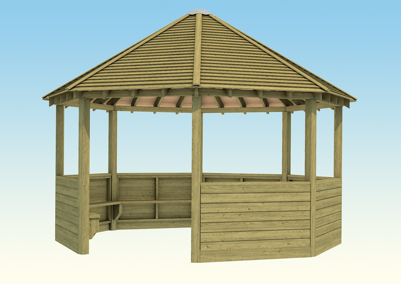 A hexagonal shaped wooden playground shelter with open sides