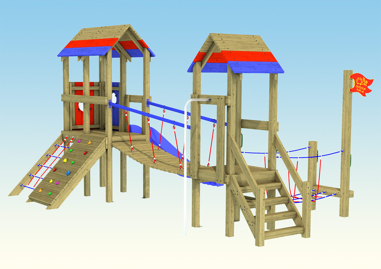 Two wooden play towers with blue and red roofs and a climbing ramp descent to the ground