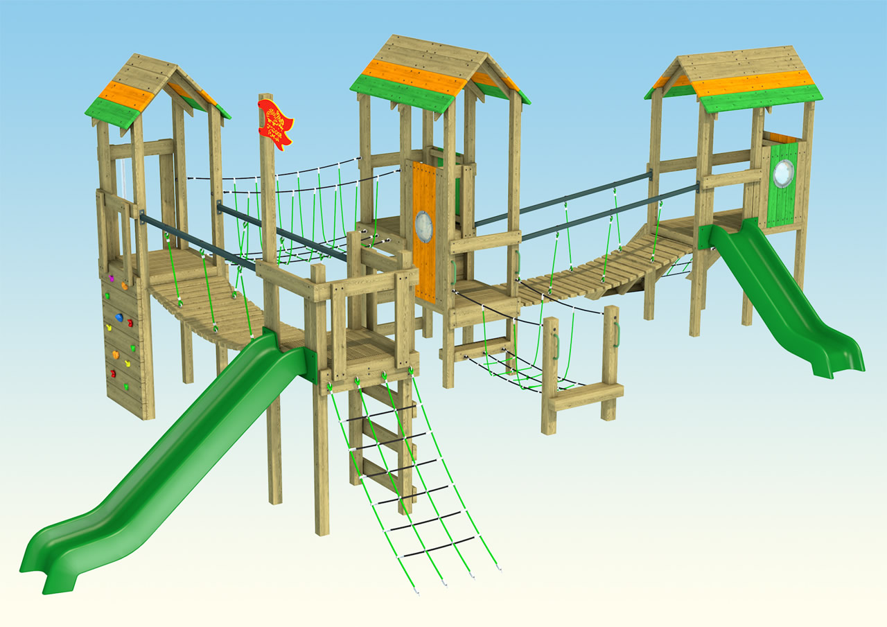 Three wooden play towers installed in a childrens play area