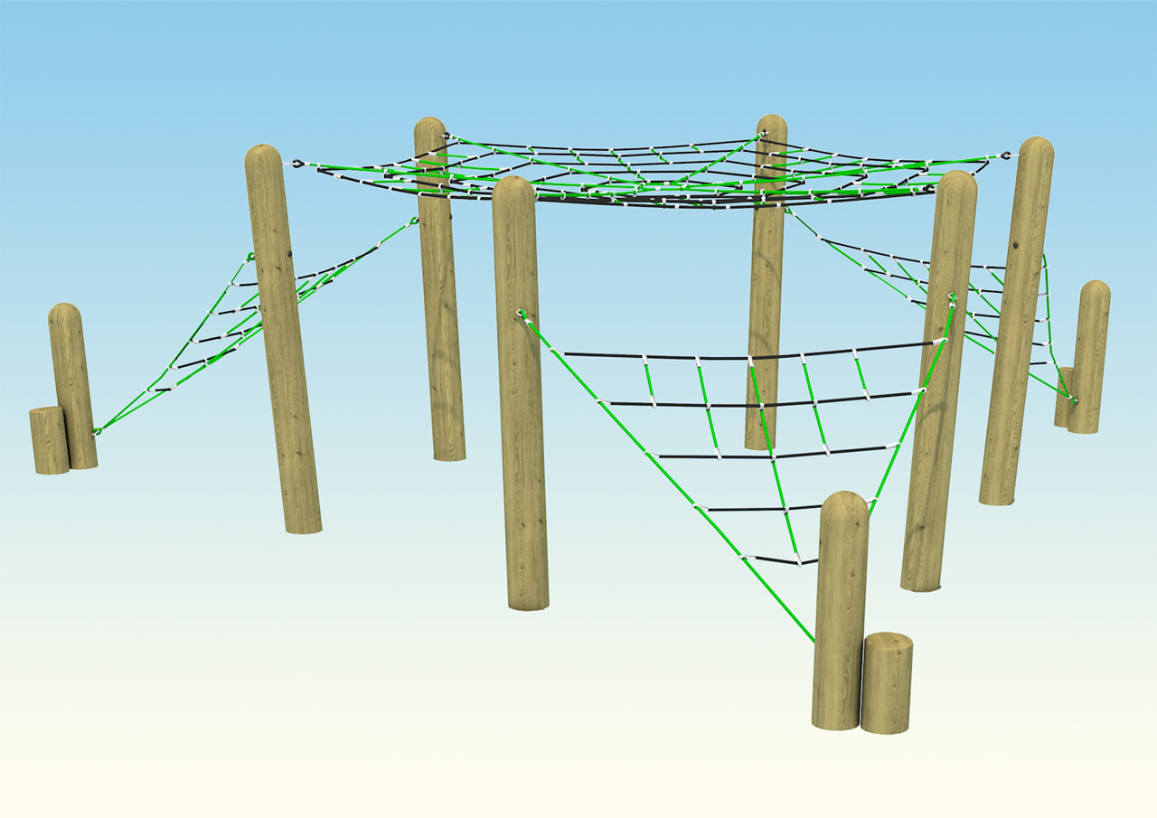 A large jungle web climbing frame mounted on wooden poles