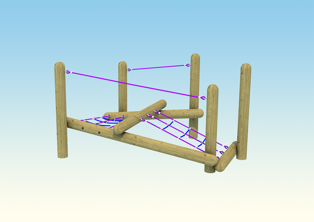 A small sized pole climbing frame with purple netting