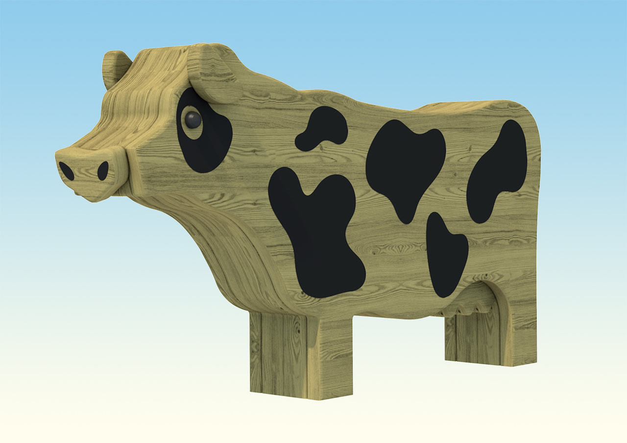A life size wooden cow sculpture with black markings