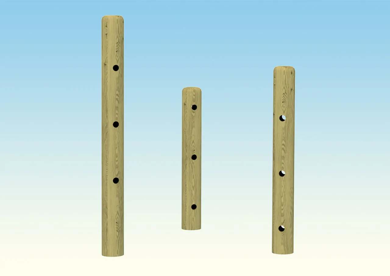 Three upright wooden poles with holes for children to climb on