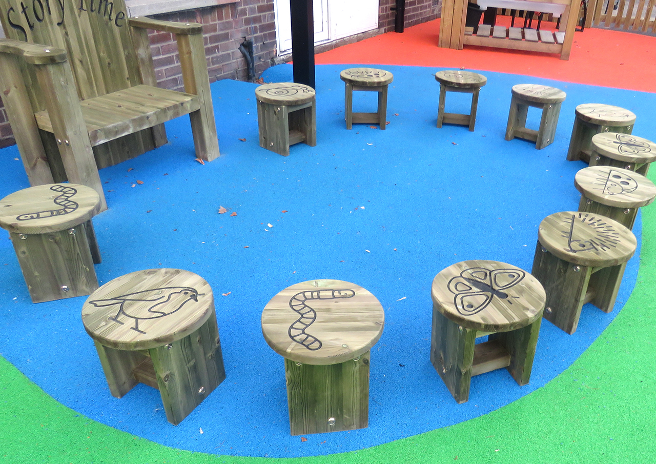 Several small wooden stools for children in a play area