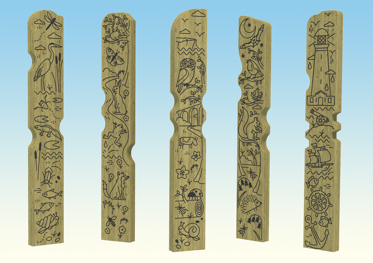 Engraved nature wooden totems for childrens playgrounds