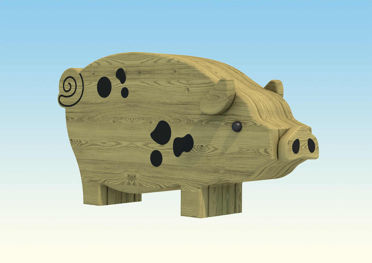 A large wooden pig sculpture for childrens play