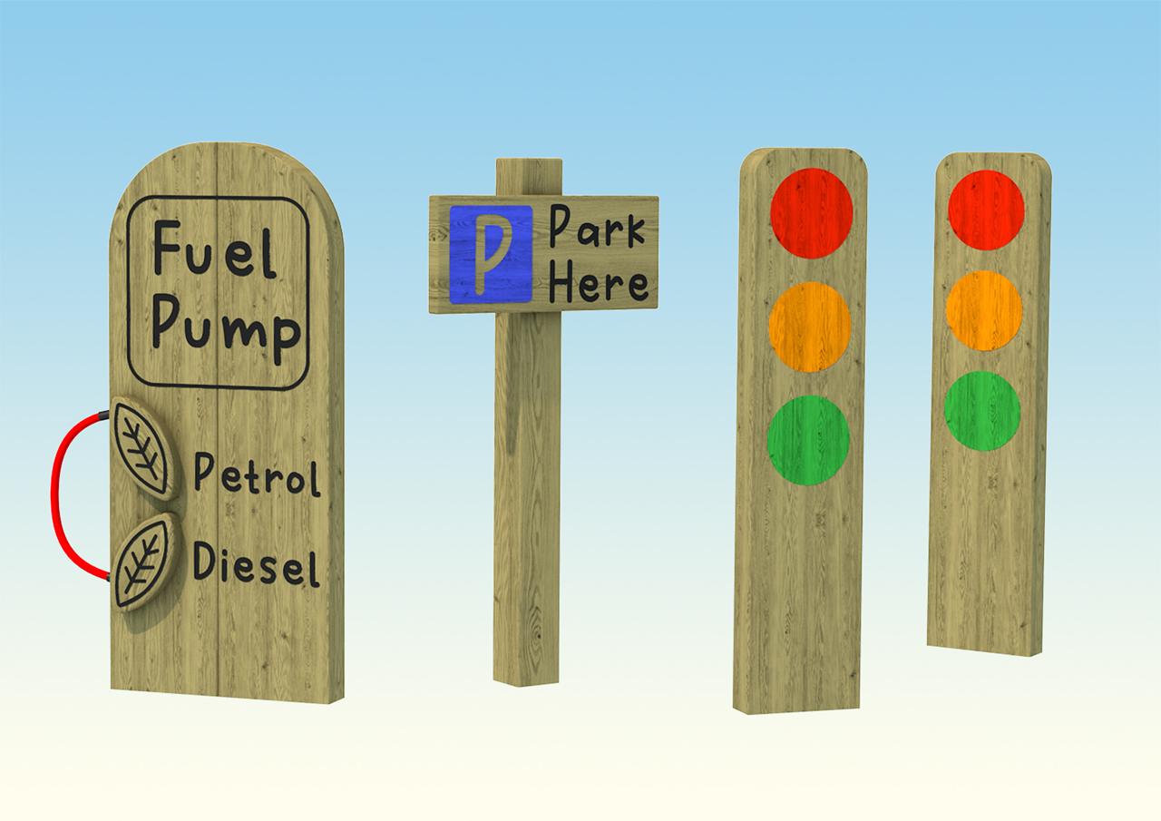 Wooden play traffic lights and parking sign