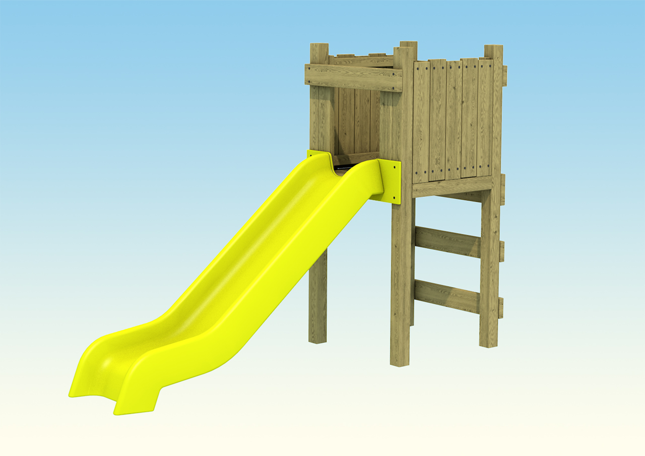 A freestanding short yellow slide with wooden tower