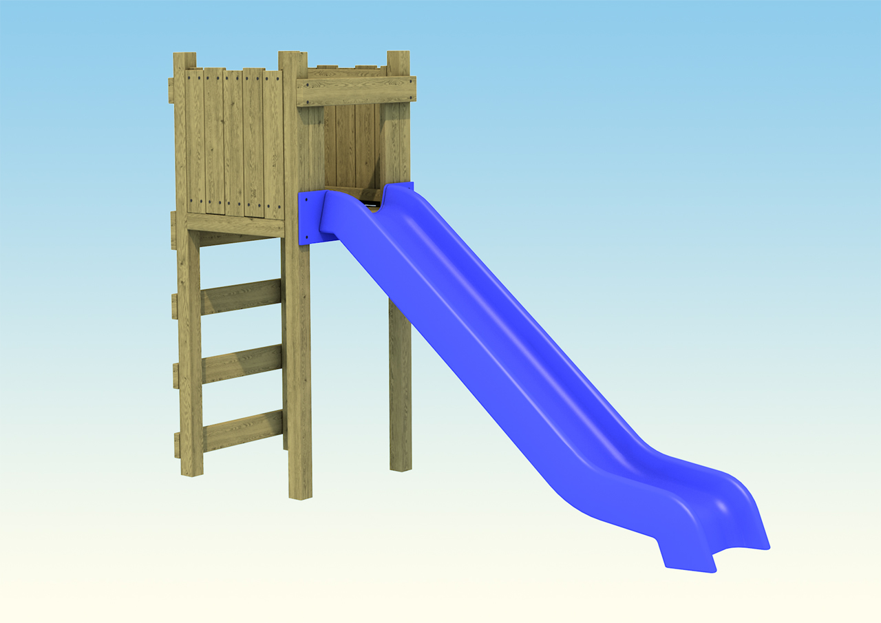 A standalone tower with ladder and purple slide