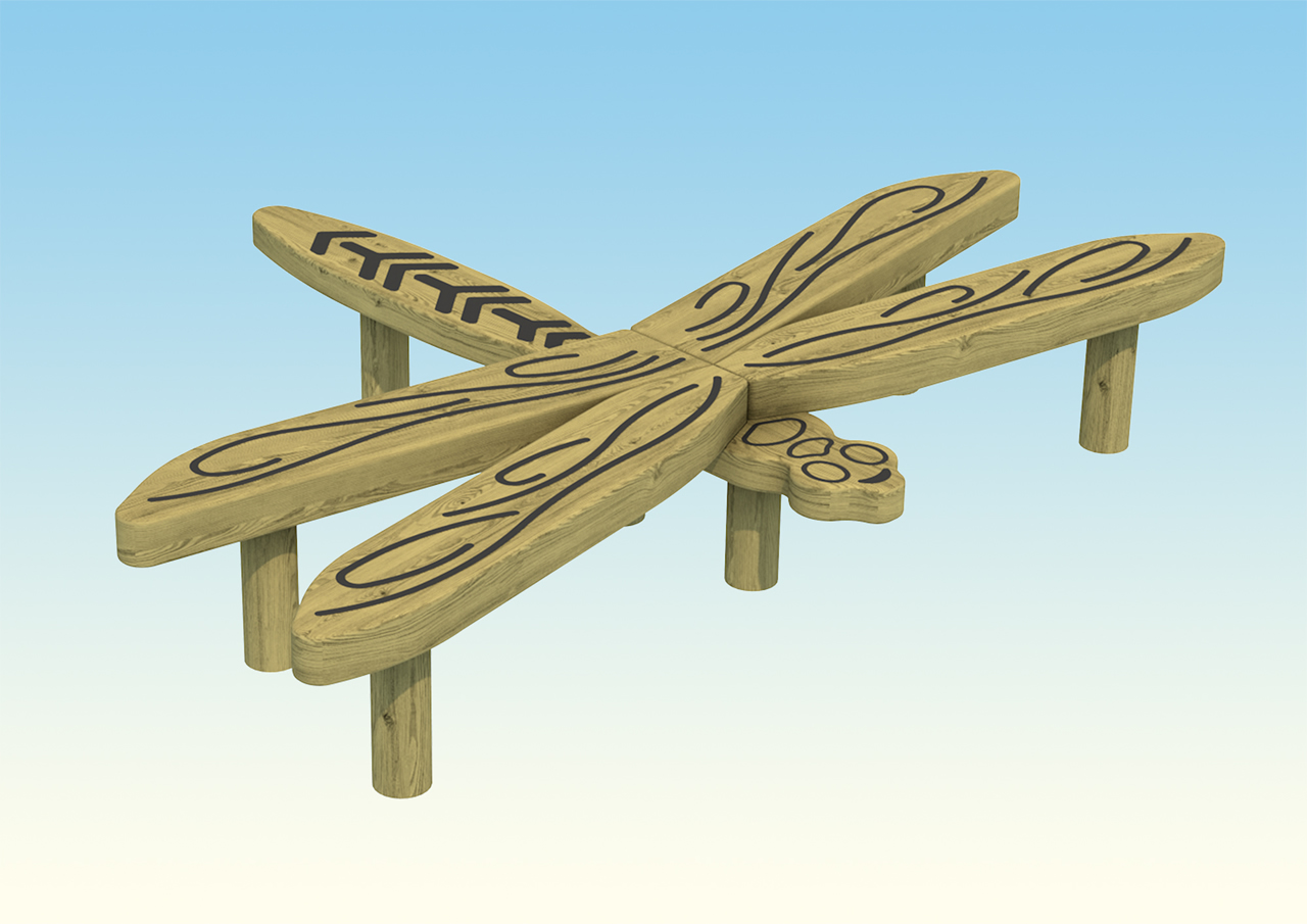 Large engraved wooden dragonfly for play spaces