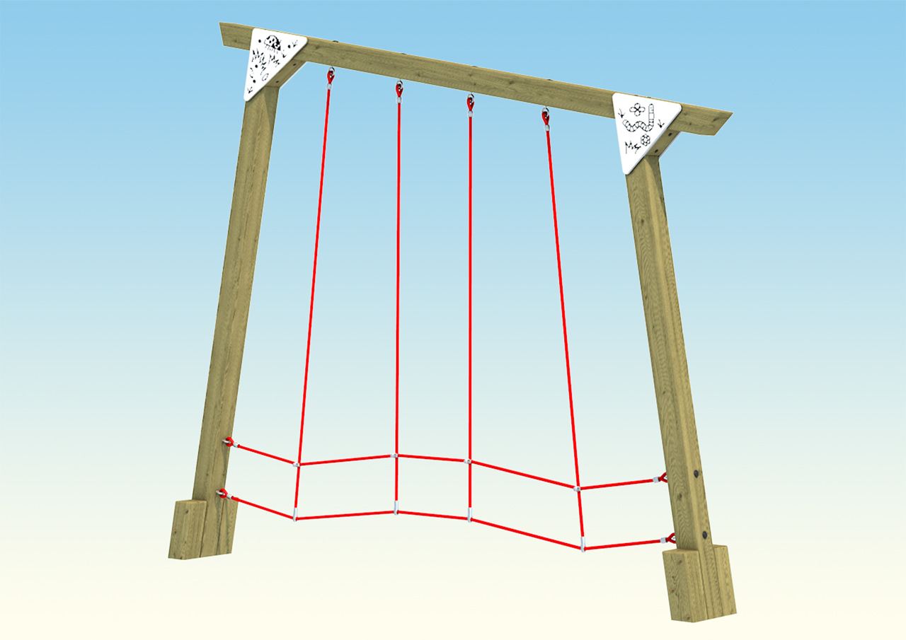 A wooden vine traverse activity play frame