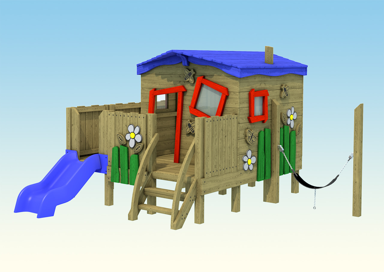 A small colourful wooden play hut for children complete with slide and wooden steps