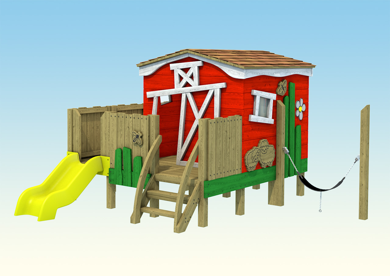 A colourful play hut mounted on stilts with slide and climbing ramp
