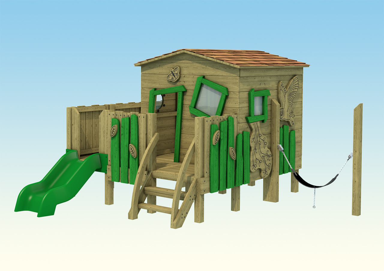 A wooden play hut with windows and steps